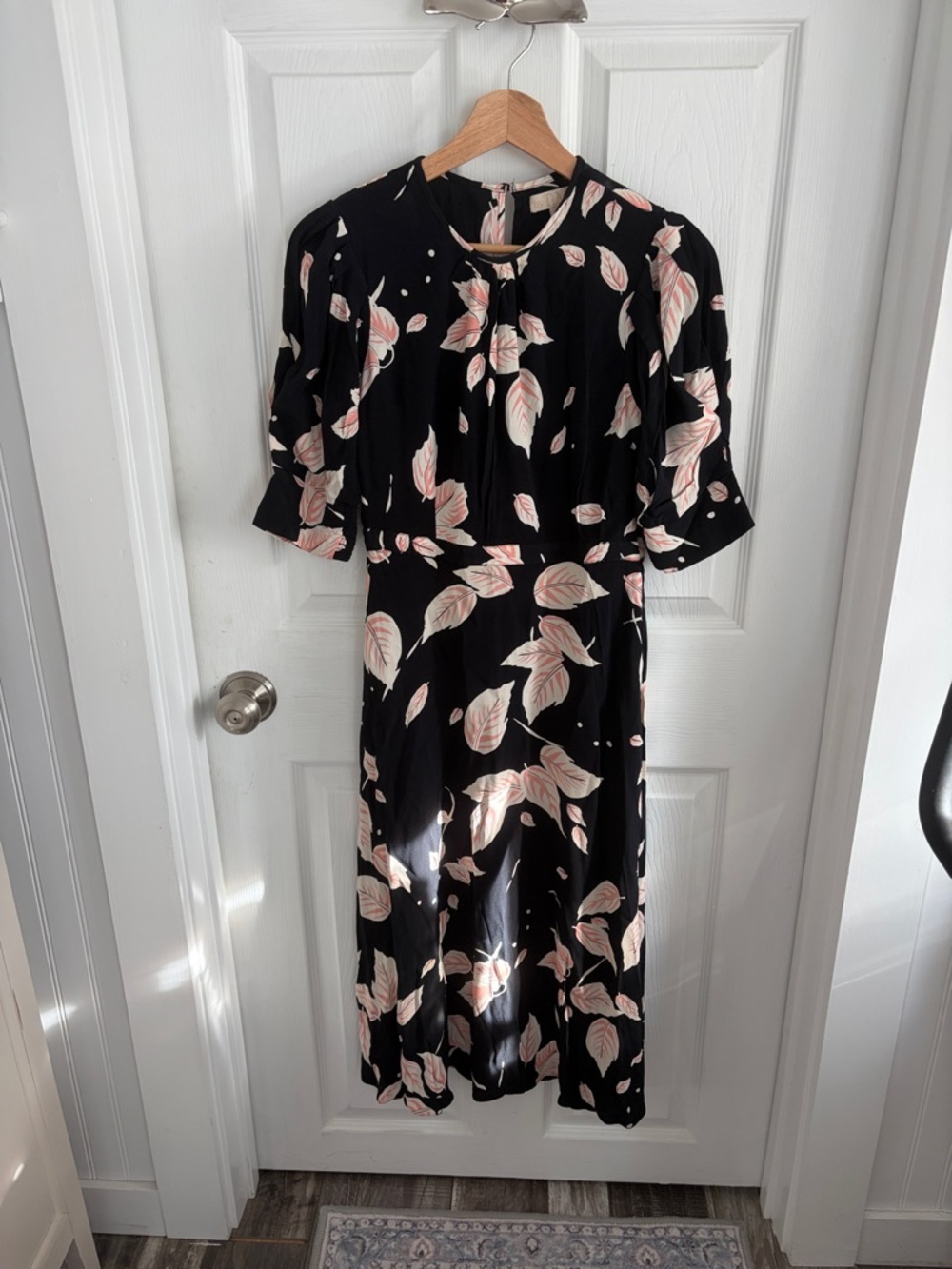Black Midi Dress with Pink Leaf Print